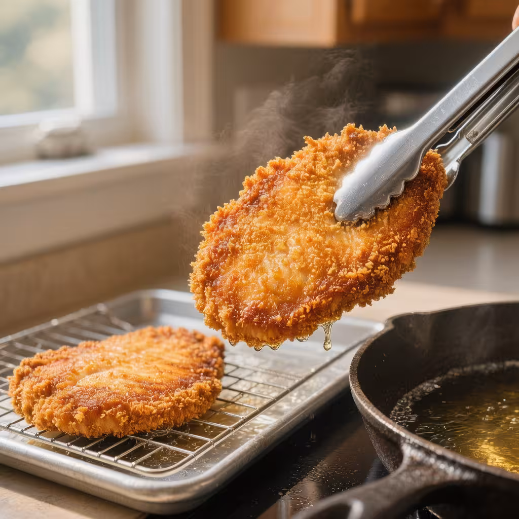 A crispy, golden-brown chicken cutlet being transferred with tongs from a hot skillet to a wire rack to drain.