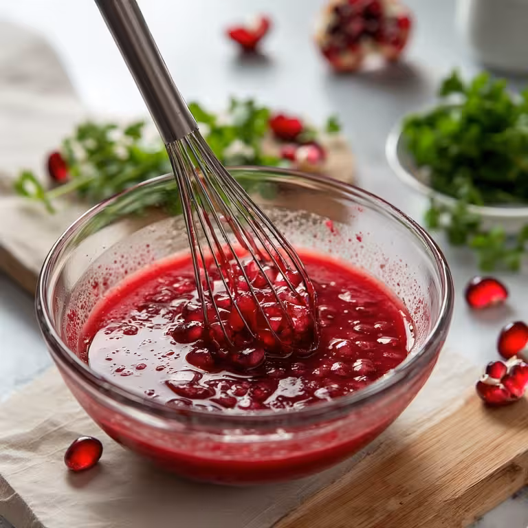 Whisking homemade pomegranate vinaigrette for the salad dressing.