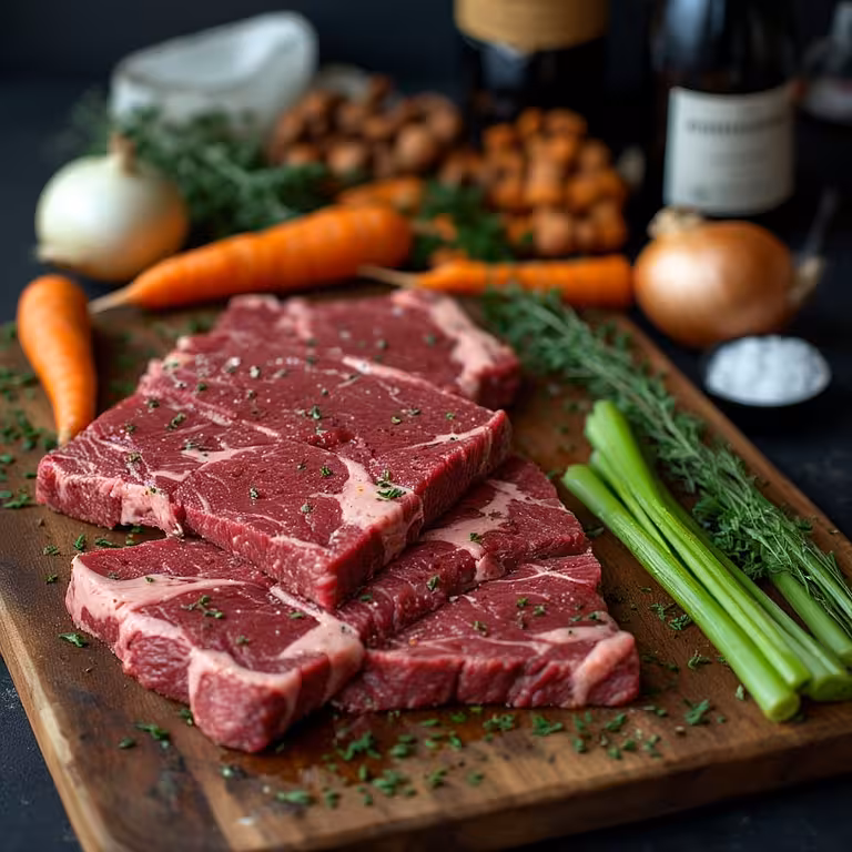 All the fresh ingredients needed to cook beef cheek meat, including raw beef cheeks, red wine, and aromatic vegetables, laid out on a wooden board.