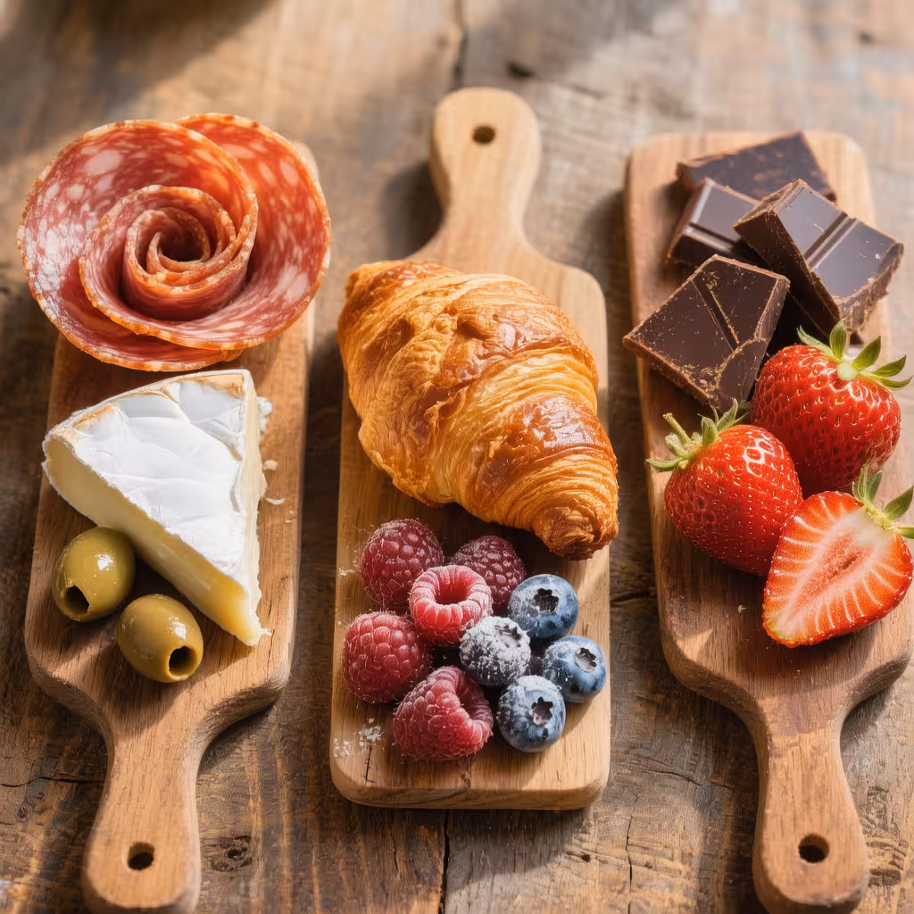 A colorful overhead view of several mini charcuterie board ideas on a wooden table
