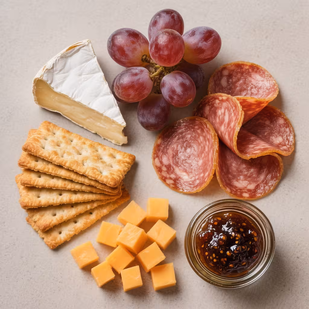 Ingredients for a mini charcuterie board, including cheese, meat, and fruit