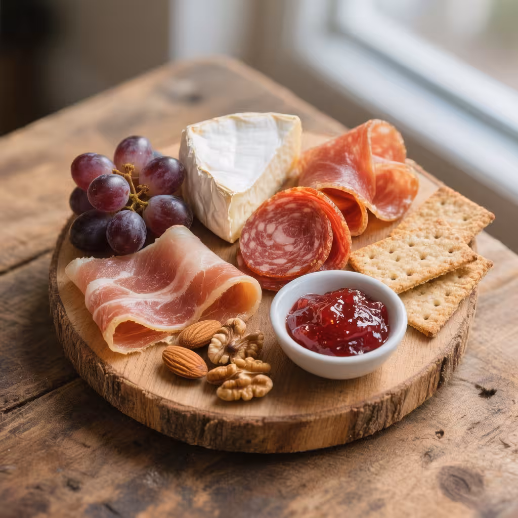 Mini charcuterie board with cheese, fruits, nuts, and meats on a rustic wooden table
