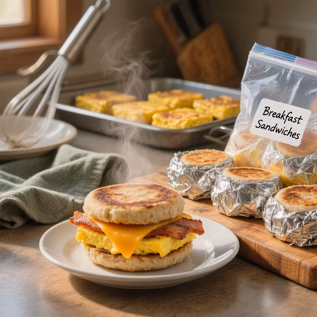 Make-ahead gluten free breakfast sandwiches wrapped in foil on a wooden board, with one unwrapped sandwich showing egg, cheese, and bacon on a toasted gluten-free muffin.