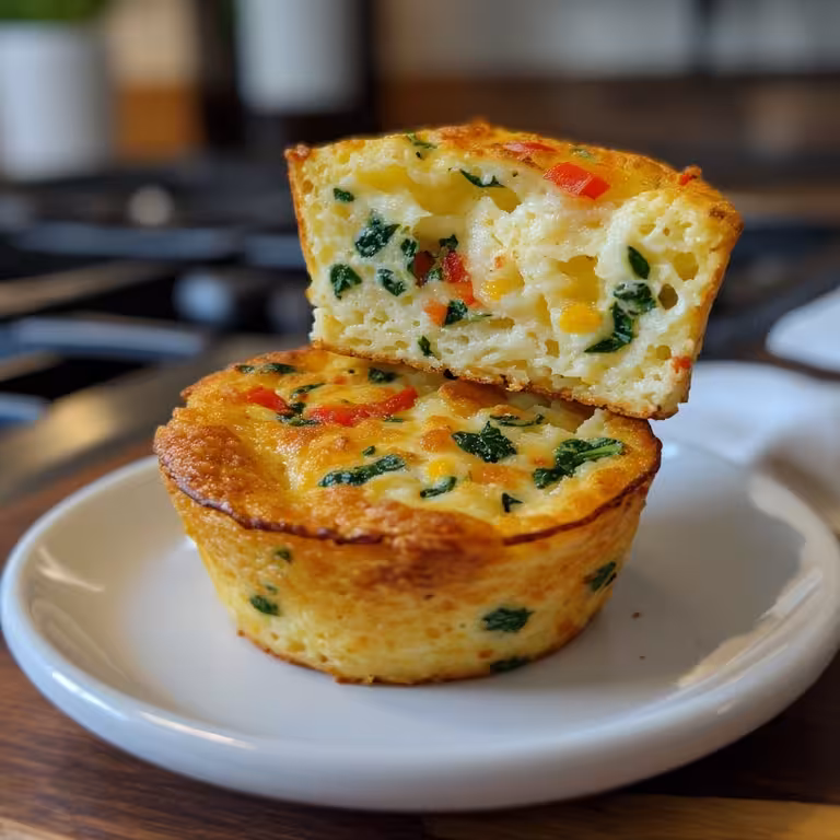 A single veggie egg white cup cut in half to show the fluffy texture and vegetable filling.