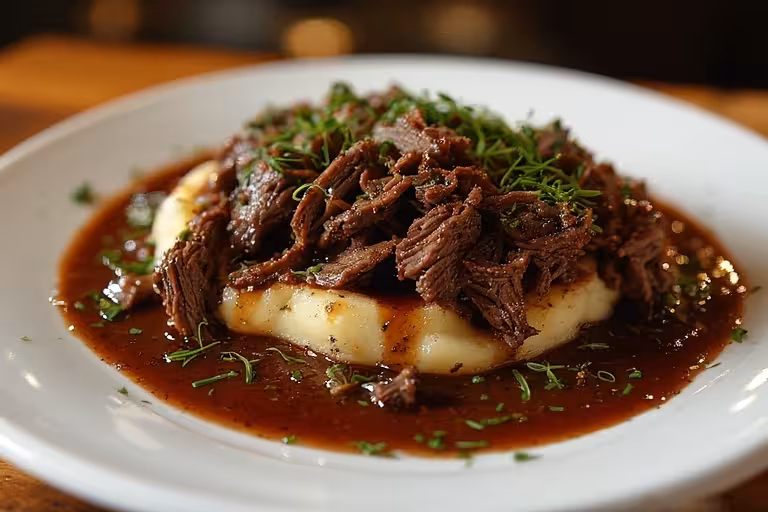 A beautiful serving of tender beef cheeks meat over a bed of creamy mashed potatoes, showcasing a perfect pairing for this rich dish.