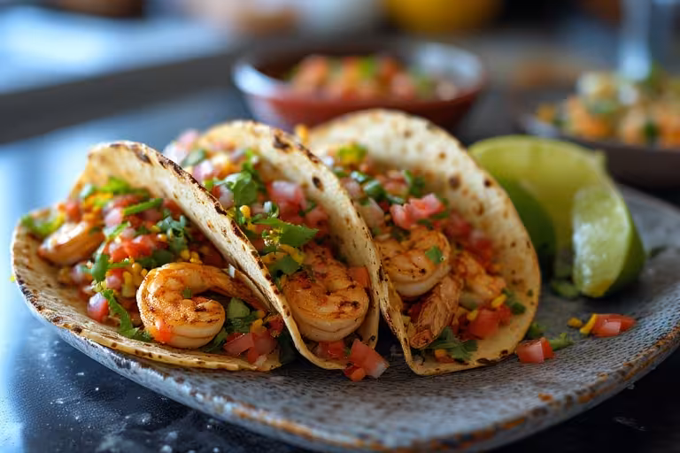 serving blackened shrimp tacos with sides