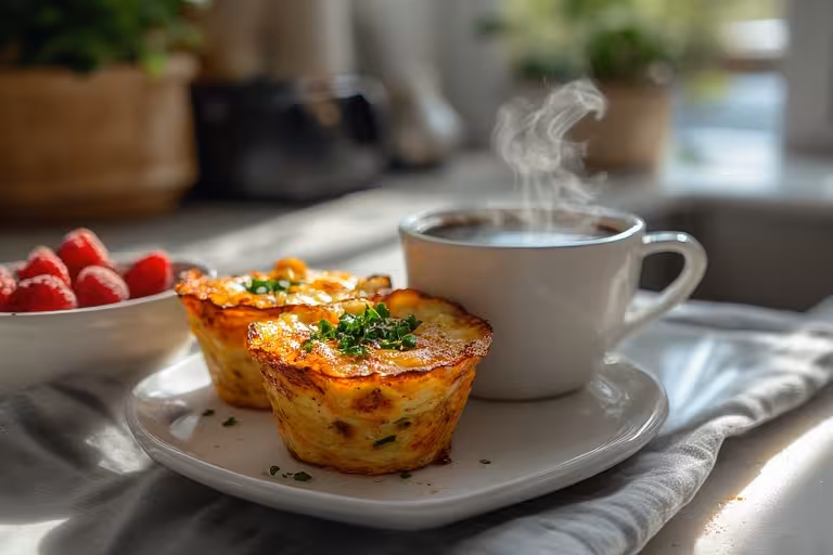 A healthy breakfast serving of two veggie egg white cups next to a cup of coffee.