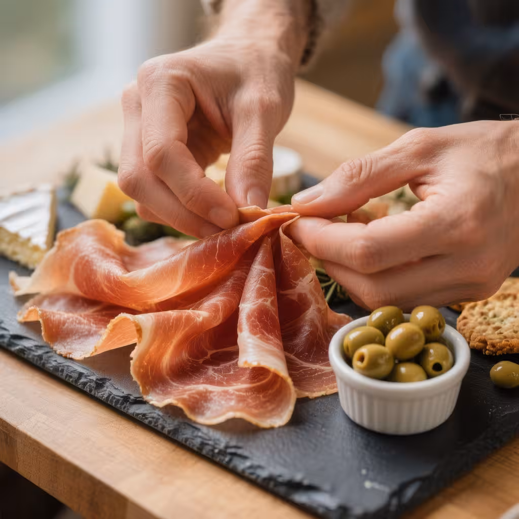 A person styling a mini charcuterie board by folding prosciutto