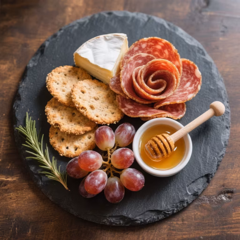 A perfect single-serving mini charcuterie board with cheese, meat, and fruit