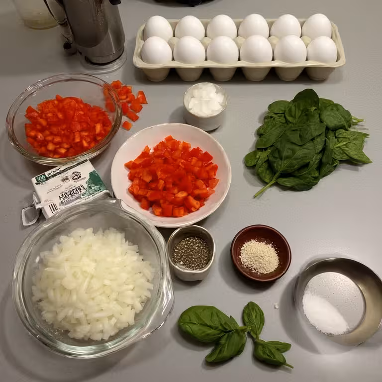 Ingredients for making veggie egg white cups, including egg whites, spinach, and bell peppers.