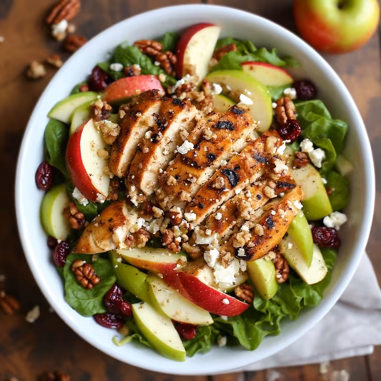 Homemade Wendy’s Apple Pecan Salad with grilled chicken, crisp apples, roasted pecans, and fresh mixed greens.