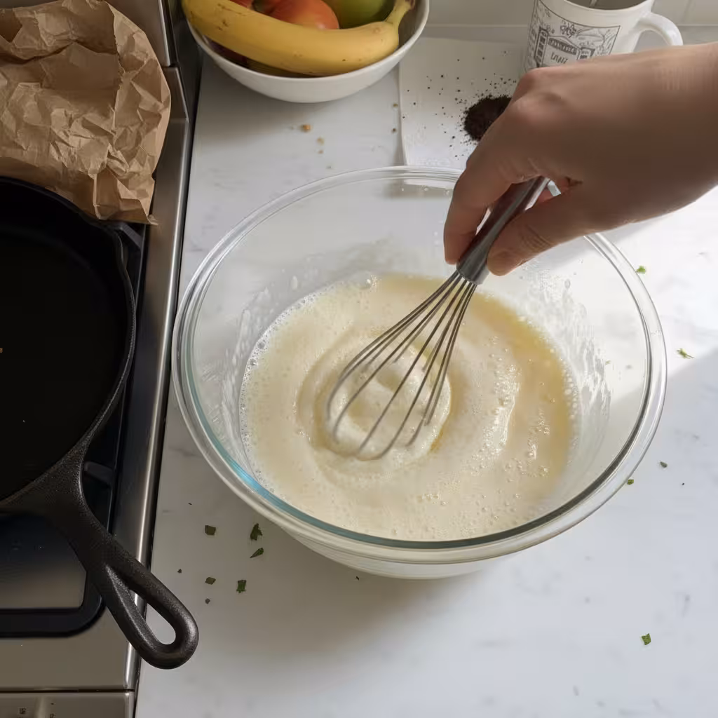 Whisking egg whites in a glass bowl to make fluffy veggie egg white cups.